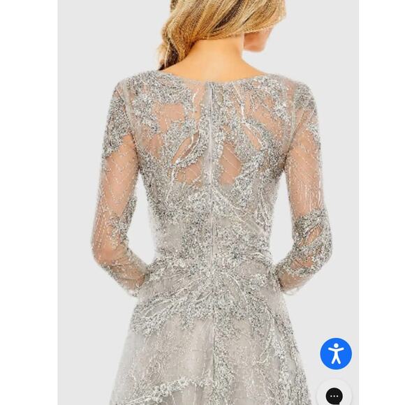 Mac Duggal 16 20336 NEW Platinum Silver Embellished Wrap Over 3/4 Sleeve Dress - Picture 4 of 13